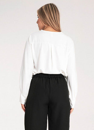 Satin Long-Sleeve Blouse with V-Neck & Buttoned Cuffs – Elegant Stitch Detail - MimiStylez