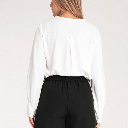 Satin Long-Sleeve Blouse with V-Neck & Buttoned Cuffs – Elegant Stitch Detail - MimiStylez
