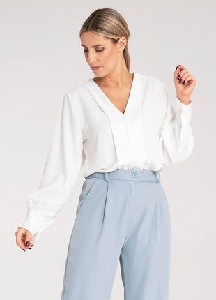 Satin Long-Sleeve Blouse with V-Neck & Buttoned Cuffs – Elegant Stitch Detail - MimiStylez