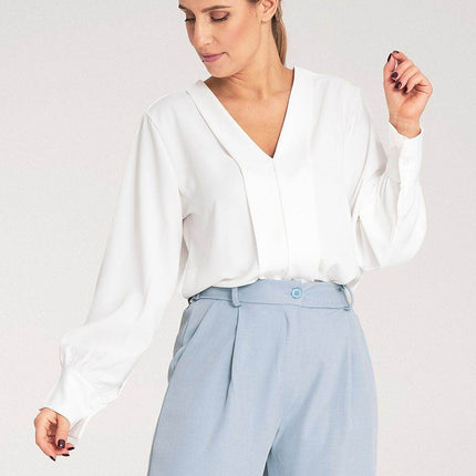 Satin Long-Sleeve Blouse with V-Neck & Buttoned Cuffs – Elegant Stitch Detail - MimiStylez