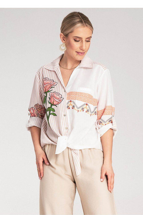 Striped Asymmetrical Shirt with Embroidered Floral & Ethnic Motifs – Tie Waist - MimiStylez