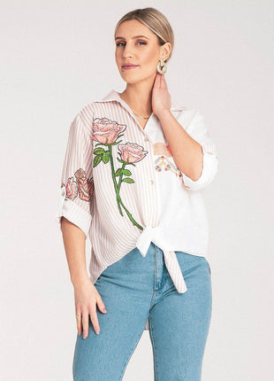 Striped Asymmetrical Shirt with Embroidered Floral & Ethnic Motifs – Tie Waist - MimiStylez