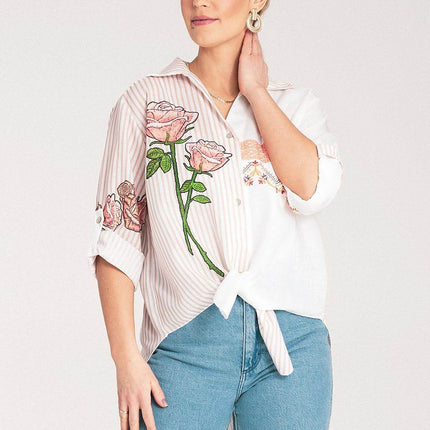 Striped Asymmetrical Shirt with Embroidered Floral & Ethnic Motifs – Tie Waist - MimiStylez