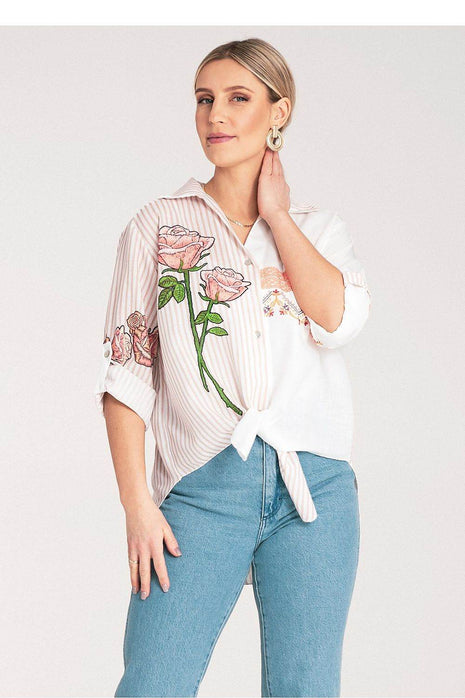 Striped Asymmetrical Shirt with Embroidered Floral & Ethnic Motifs – Tie Waist - MimiStylez