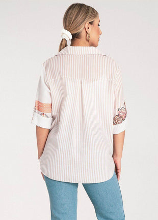 Striped Asymmetrical Shirt with Embroidered Floral & Ethnic Motifs – Tie Waist - MimiStylez