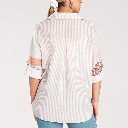 Striped Asymmetrical Shirt with Embroidered Floral & Ethnic Motifs – Tie Waist - MimiStylez