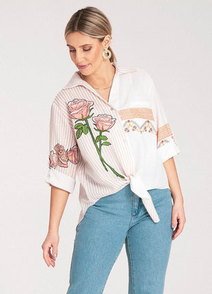 Striped Asymmetrical Shirt with Embroidered Floral & Ethnic Motifs – Tie Waist - MimiStylez