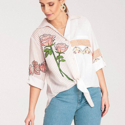 Striped Asymmetrical Shirt with Embroidered Floral & Ethnic Motifs – Tie Waist - MimiStylez