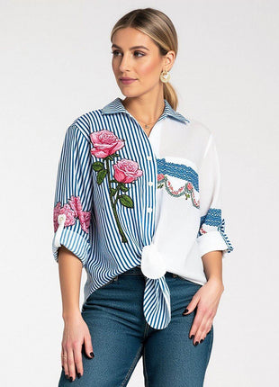 Striped Asymmetrical Shirt with Embroidered Floral & Ethnic Motifs – Tie Waist - MimiStylez