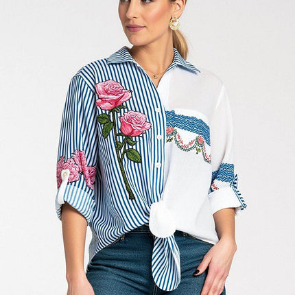 Striped Asymmetrical Shirt with Embroidered Floral & Ethnic Motifs – Tie Waist - MimiStylez