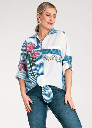 Striped Asymmetrical Shirt with Embroidered Floral & Ethnic Motifs – Tie Waist - MimiStylez