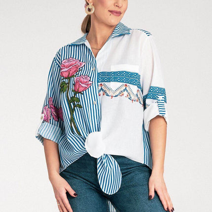 Striped Asymmetrical Shirt with Embroidered Floral & Ethnic Motifs – Tie Waist - MimiStylez