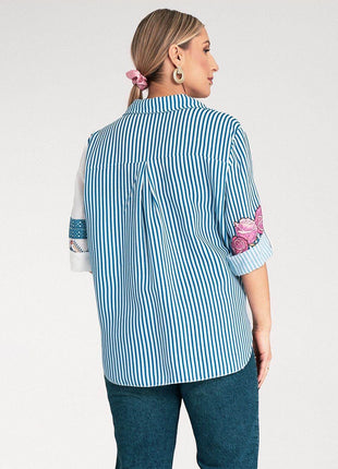 Striped Asymmetrical Shirt with Embroidered Floral & Ethnic Motifs – Tie Waist - MimiStylez