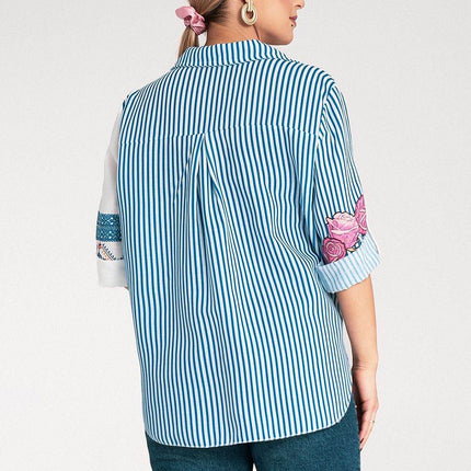 Striped Asymmetrical Shirt with Embroidered Floral & Ethnic Motifs – Tie Waist - MimiStylez