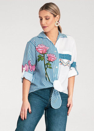 Striped Asymmetrical Shirt with Embroidered Floral & Ethnic Motifs – Tie Waist - MimiStylez