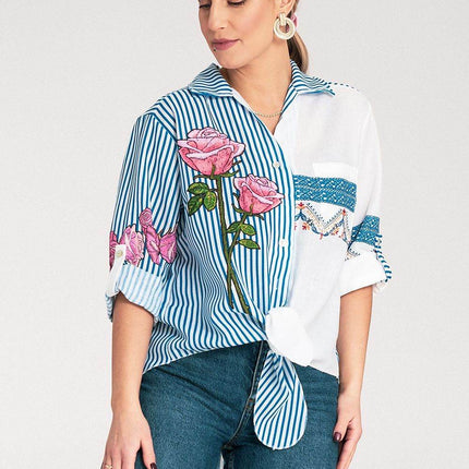 Striped Asymmetrical Shirt with Embroidered Floral & Ethnic Motifs – Tie Waist - MimiStylez