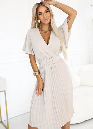 Elegant Midi Dress with Wrap Neckline, Wide Belt & Pleated Skirt - MimiStylez