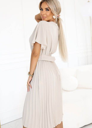 Elegant Midi Dress with Wrap Neckline, Wide Belt & Pleated Skirt - MimiStylez