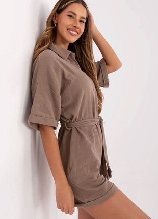 Light Muslin Cotton Jumpsuit with Belt and Collar - MimiStylez