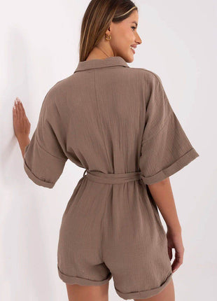 Light Muslin Cotton Jumpsuit with Belt and Collar - MimiStylez