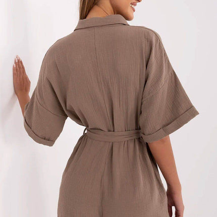 Light Muslin Cotton Jumpsuit with Belt and Collar - MimiStylez