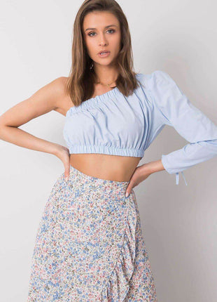 Asymmetrical One-Long-Sleeve Cotton Blouse with Waistband and Wrist Tie - MimiStylez