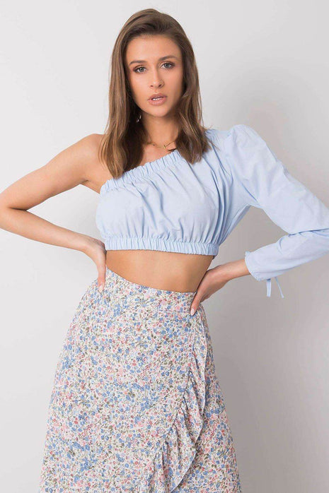 Asymmetrical One-Long-Sleeve Cotton Blouse with Waistband and Wrist Tie - MimiStylez