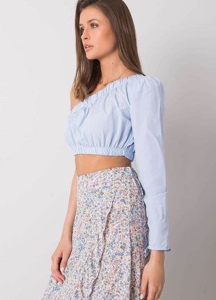 Asymmetrical One-Long-Sleeve Cotton Blouse with Waistband and Wrist Tie - MimiStylez