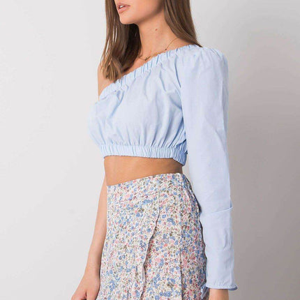 Asymmetrical One-Long-Sleeve Cotton Blouse with Waistband and Wrist Tie - MimiStylez