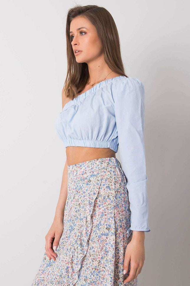Asymmetrical One-Long-Sleeve Cotton Blouse with Waistband and Wrist Tie - MimiStylez