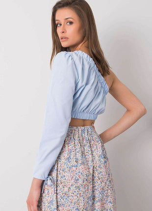 Asymmetrical One-Long-Sleeve Cotton Blouse with Waistband and Wrist Tie - MimiStylez