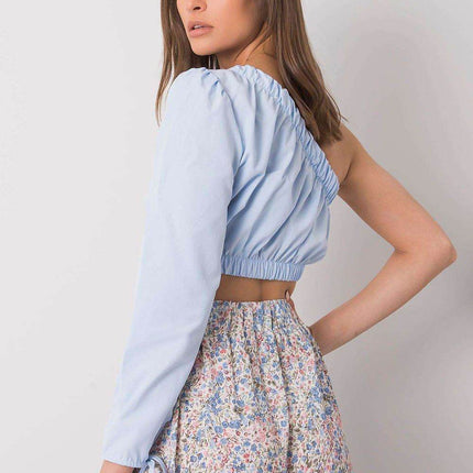 Asymmetrical One-Long-Sleeve Cotton Blouse with Waistband and Wrist Tie - MimiStylez