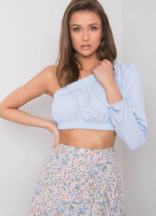 Asymmetrical One-Long-Sleeve Cotton Blouse with Waistband and Wrist Tie - MimiStylez