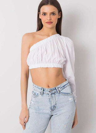 Asymmetrical One-Long-Sleeve Cotton Blouse with Waistband and Wrist Tie - MimiStylez