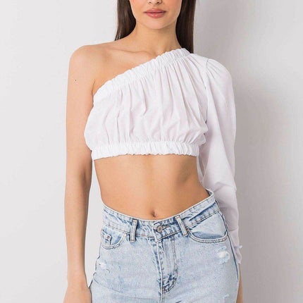 Asymmetrical One-Long-Sleeve Cotton Blouse with Waistband and Wrist Tie - MimiStylez