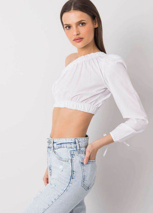 Asymmetrical One-Long-Sleeve Cotton Blouse with Waistband and Wrist Tie - MimiStylez