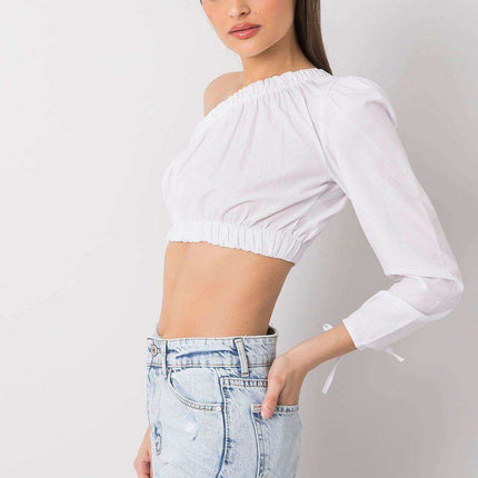 Asymmetrical One-Long-Sleeve Cotton Blouse with Waistband and Wrist Tie - MimiStylez