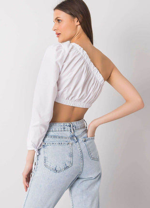 Asymmetrical One-Long-Sleeve Cotton Blouse with Waistband and Wrist Tie - MimiStylez