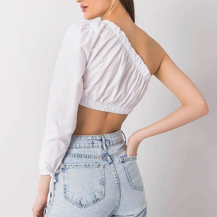 Asymmetrical One-Long-Sleeve Cotton Blouse with Waistband and Wrist Tie - MimiStylez