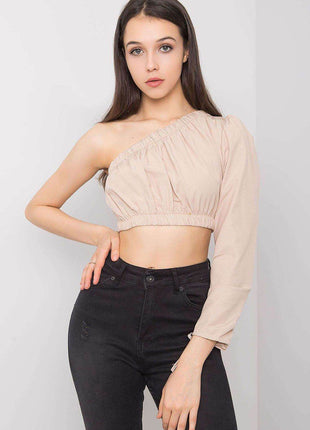 Asymmetrical One-Long-Sleeve Cotton Blouse with Waistband and Wrist Tie - MimiStylez