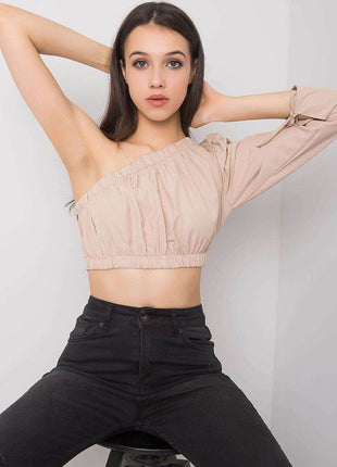 Asymmetrical One-Long-Sleeve Cotton Blouse with Waistband and Wrist Tie - MimiStylez