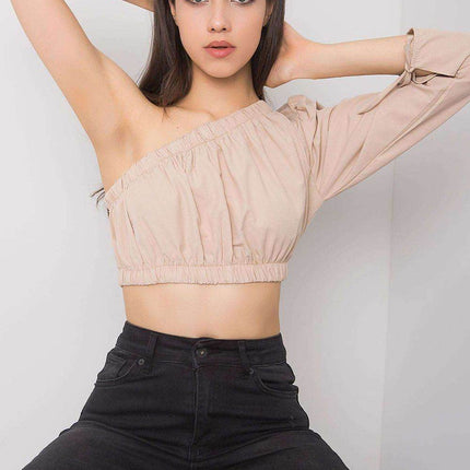 Asymmetrical One-Long-Sleeve Cotton Blouse with Waistband and Wrist Tie - MimiStylez