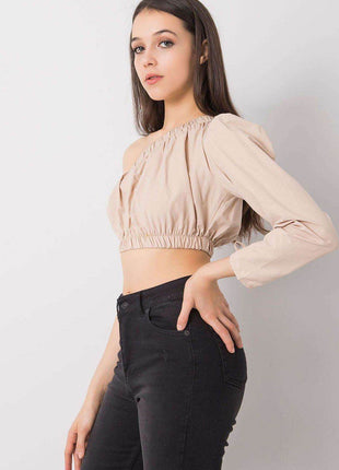 Asymmetrical One-Long-Sleeve Cotton Blouse with Waistband and Wrist Tie - MimiStylez
