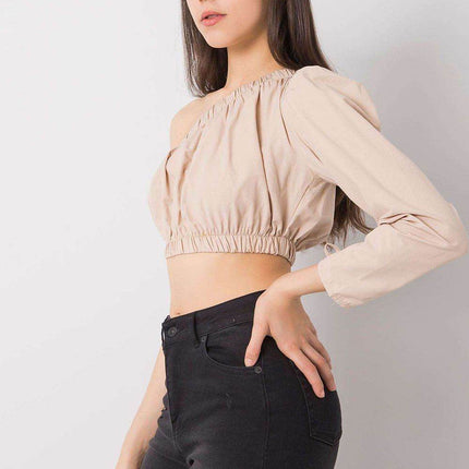 Asymmetrical One-Long-Sleeve Cotton Blouse with Waistband and Wrist Tie - MimiStylez
