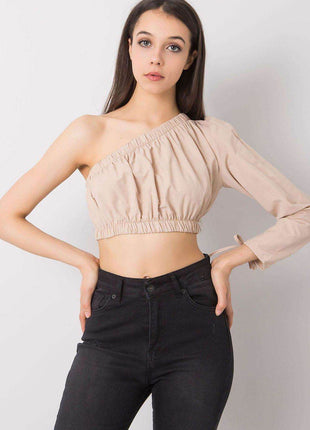 Asymmetrical One-Long-Sleeve Cotton Blouse with Waistband and Wrist Tie - MimiStylez
