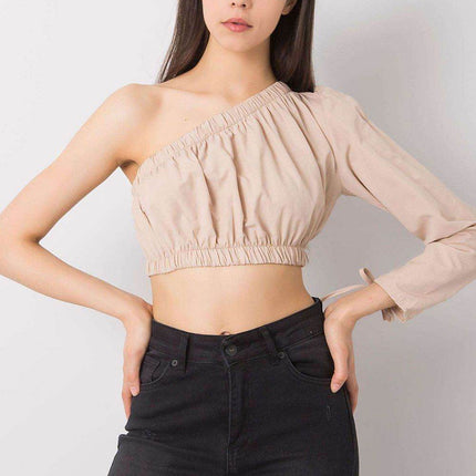 Asymmetrical One-Long-Sleeve Cotton Blouse with Waistband and Wrist Tie - MimiStylez