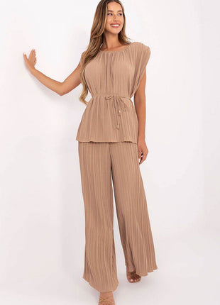 Two-Piece Pleated Set for Women – High Waist Pants & Tie Belt - MimiStylez