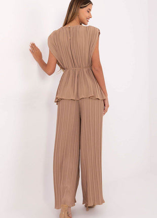 Two-Piece Pleated Set for Women – High Waist Pants & Tie Belt - MimiStylez