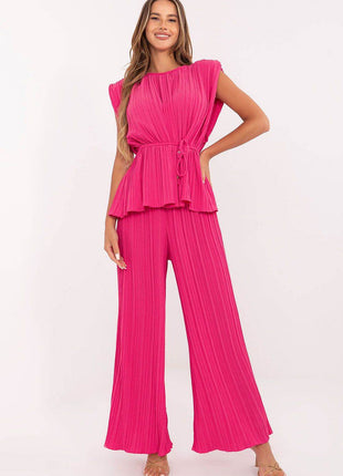 Two-Piece Pleated Set for Women – High Waist Pants & Tie Belt - MimiStylez
