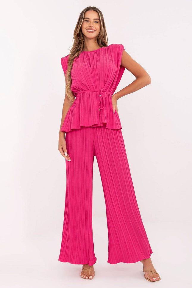 Two-Piece Pleated Set for Women – High Waist Pants & Tie Belt - MimiStylez